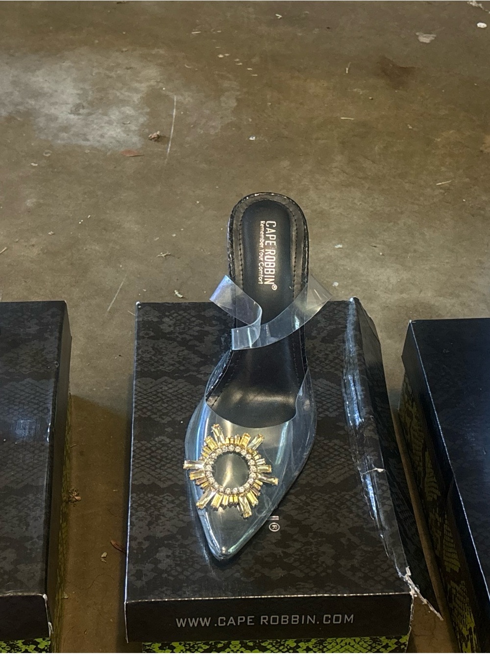 Cape Robbin Clear Pointed Mule with Gold Sunburst Accent